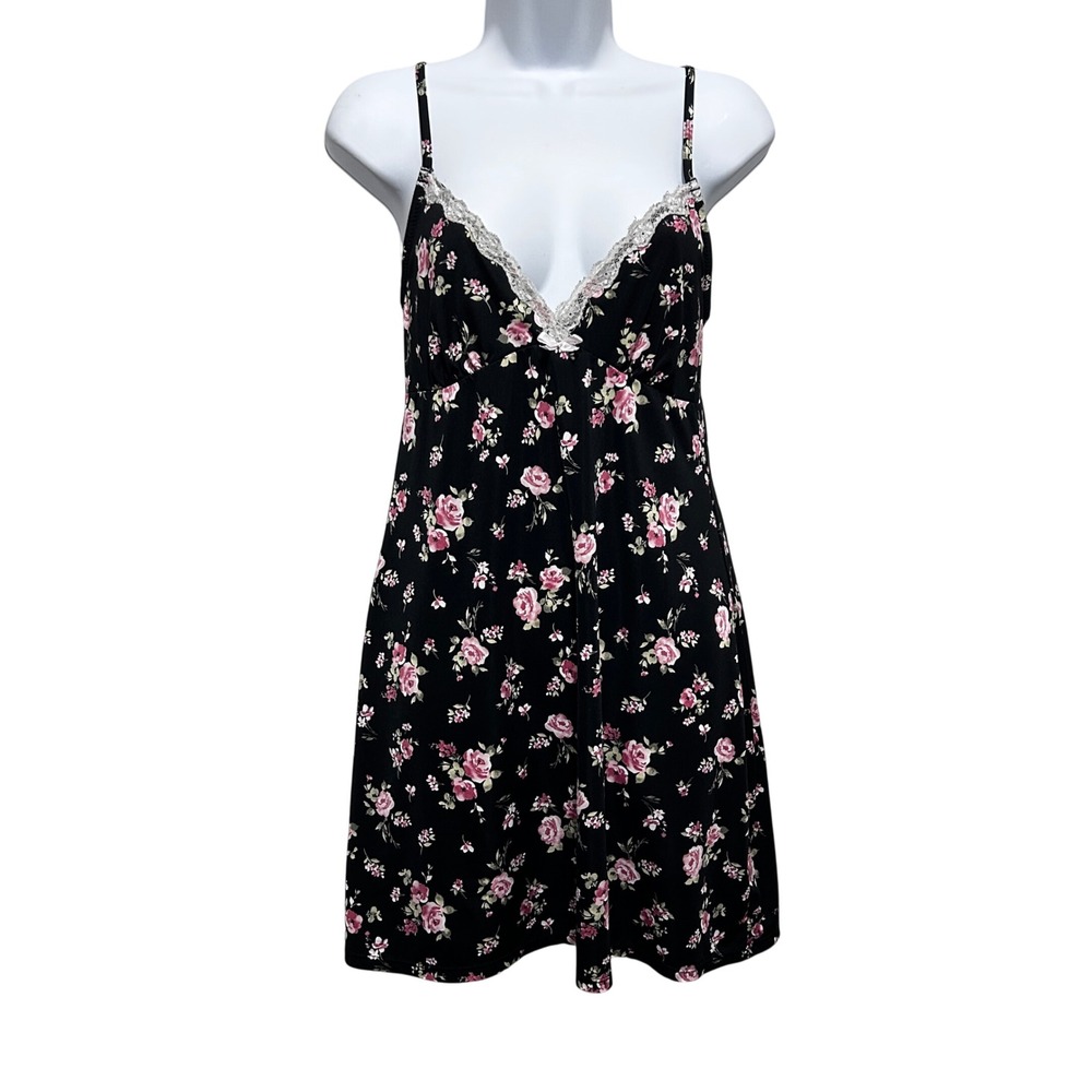 Laura Ashley Womens Cottage Mini Slip Dress M Black Floral Lace Y2K Coquette